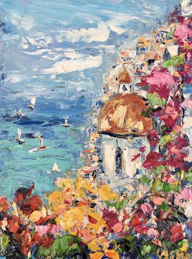 Positano Italy Impasto Oil Painting On Canvas Board Original Signed Amalfi Coast Wall Art Decor thumb