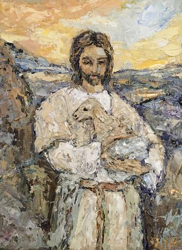 Jesus Christ The Shepherd Carrying a Lamb Oil Painting On Canvas thumb