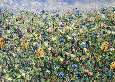 Flower Meadow Field Impasto Oil Painting On Canvas Original Signed Floral Nature Landscape Wall Art Decor thumb