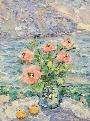 Pink Roses Flowers Bouquet Oil Painting On Canvas Landscape thumb