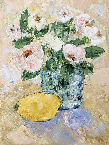White Roses Bouquet Impasto Oil Painting On Canvas thumb