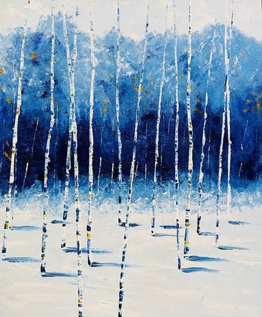 Blue Winters - Abstract winter painting with Aspen trees thumb