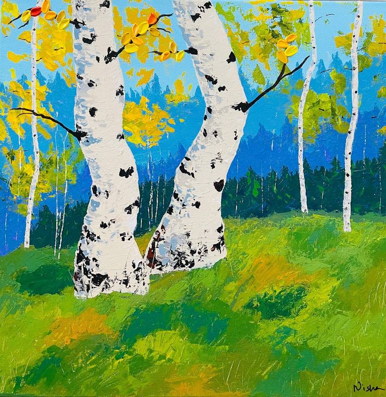 Crooked Aspens Painting by Nisha Ghela