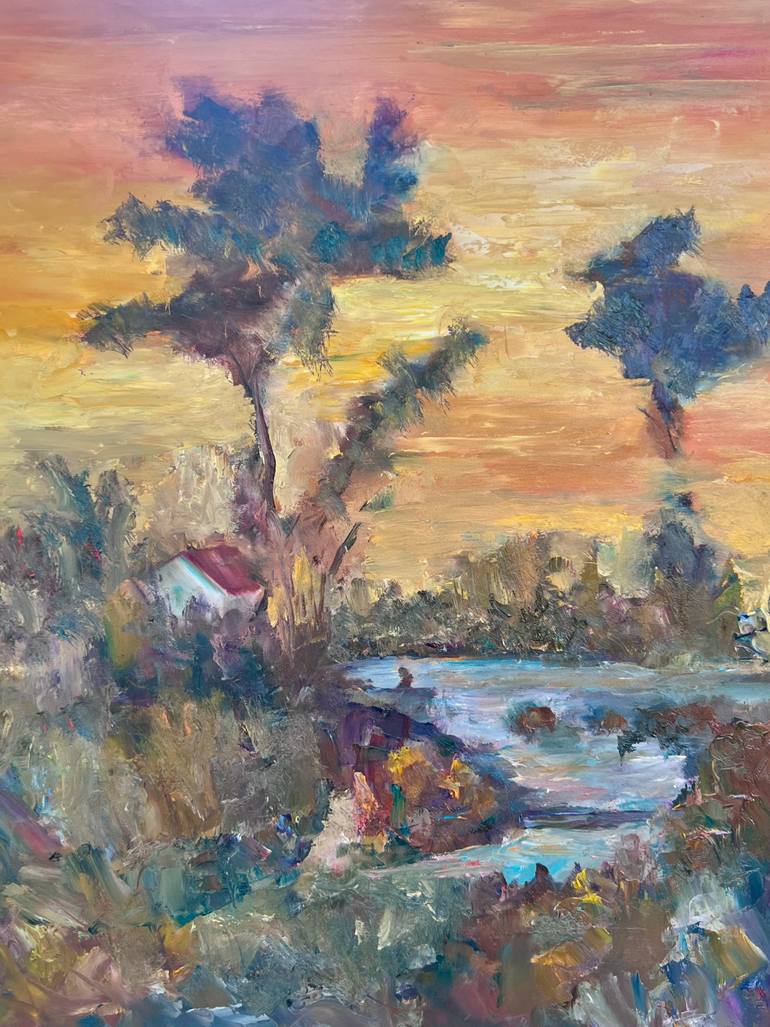 Original Landscape Painting by Marilyn Froggatt | Abstract Expressionism Art on Hardboard | Sunset in the Country/Innes