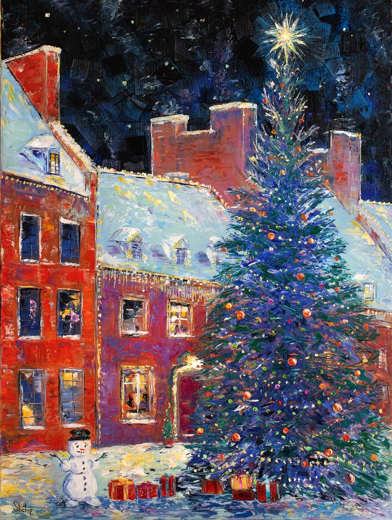 Original Christmas Painting by Natalia Shchipakina | Impressionism Art on Canvas | Christmas Night in the Old Town