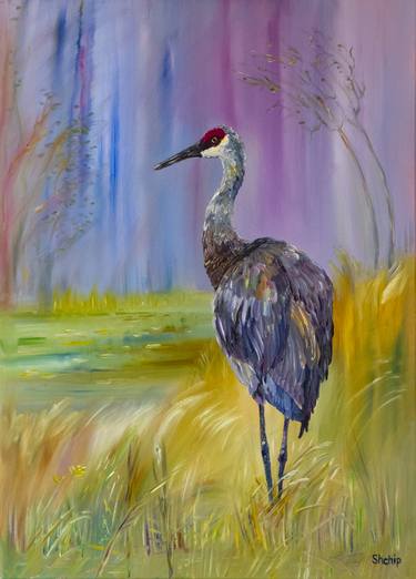 Crane in a violet forest thumb