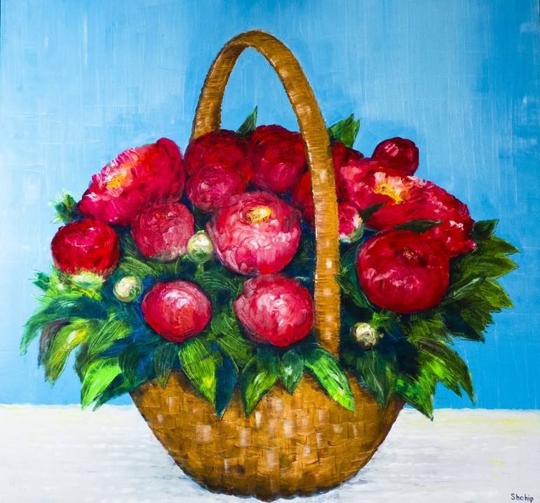 Original Floral Painting by Natalia Shchipakina | Other Art on Canvas | Bouquet of red peonies on a background of blue sky