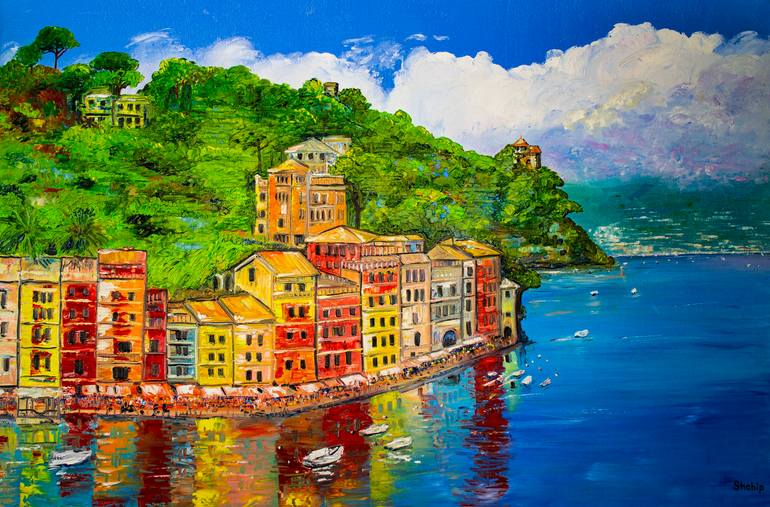 Original Landscape Painting by Natalia Shchipakina | Expressionism Art on Canvas | Portofino. Lake at the foot of the Alps