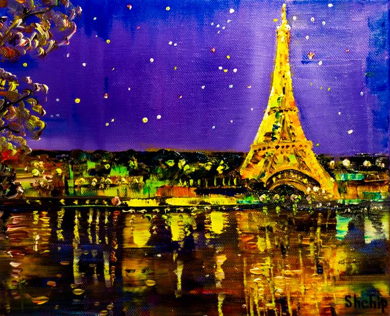 Original Architecture Painting by Natalia Shchipakina | Impressionism Art on Canvas | Night Paris. Reflection in the river
