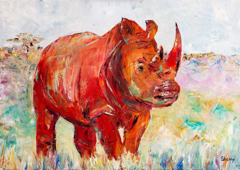 Red Rhino Painting by Natalia Shchipakina | Saatchi Art