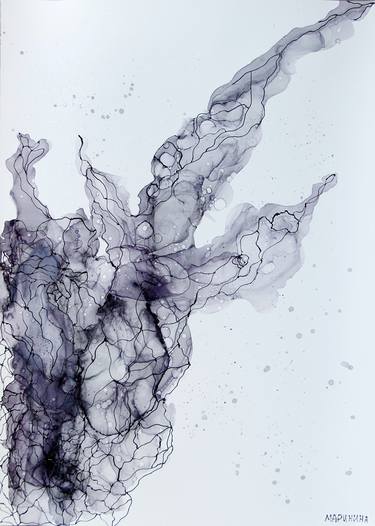 volumetric drawing in alcohol ink with an acrylic outline in black and white on paper. thumb