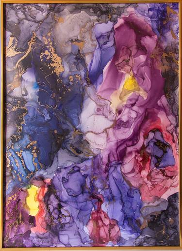 Original yellow and purple gold abstract painting, alcohol ink wall decor thumb