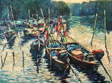 Original Impressionism Boat Mixed Media by lanna Sukrakarn