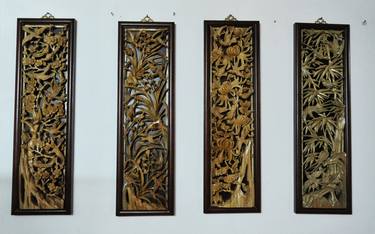 comphor wood carving Artwork NO.CPX007 Plum+Orchid+Chrysanthemum+Bamboo GBP4800. per set of 4pcs  84(H)x25cm per pc UNIQUE AVAILABLE  thumb