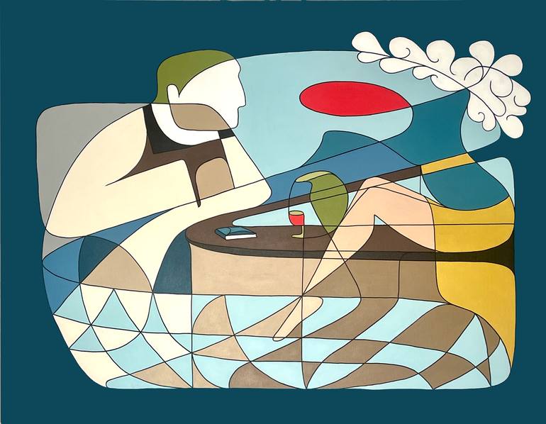 Original Art Deco Love Painting by Jeanluc Feugeas