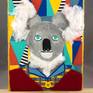This is a mixed media paintings on canvas. The background is made of paper and acrylic and the koala is made of acrylic, cotton, felt, and a button. Yellow yarn coats the sides of the canvas.