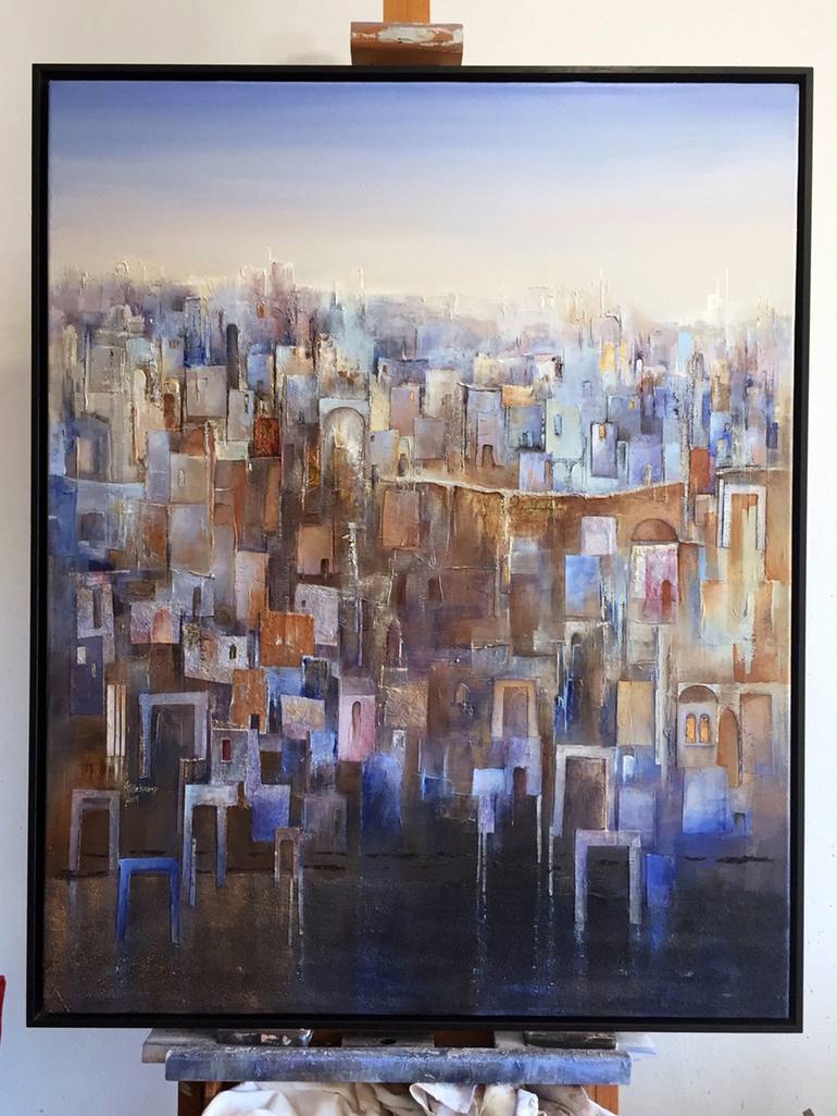 Original Abstract Expressionism Cities Painting by Christa Hillekamp