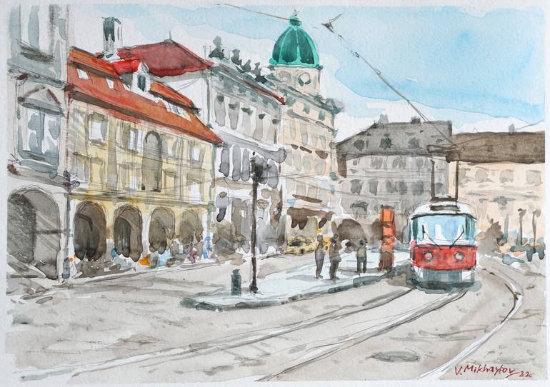 Tram in Prague Painting by Valeriy Mikhaylov | Saatchi Art