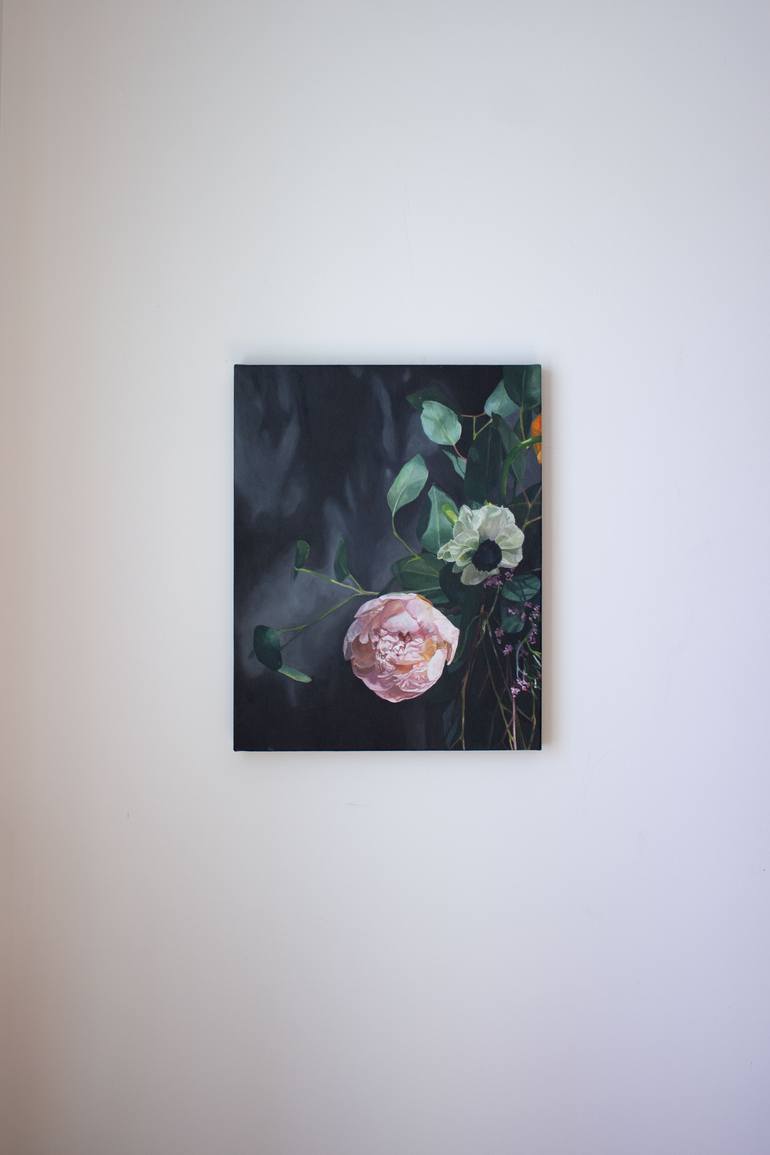 Original Botanic Painting by Allie Kushnir | Realism Art on Canvas | Pink Peony and White Poppy