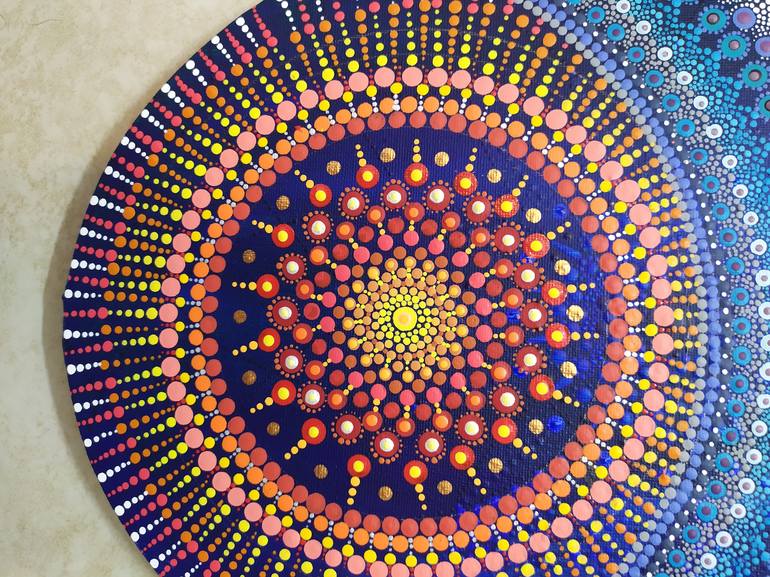 Dot art/spiritual painting/Mandala/Multi-color artwork/Spiritual Wall art/Acrylic  on Canvas/Blue Red color painting/home decor/Human/bird Painting by Dreams  Made of Dots Pointillism Mandalas and Dotted Art