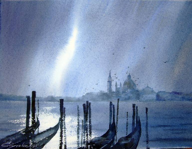 Behind the gondolas Painting by Elena Gaivoronskaia | Saatchi Art