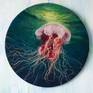 Beatiful Cyanea Capillata or Lion's mane jellyfish, she looks almost alive on the picture.
Painting is made in the wet felting media, used natural sheep wool, fibers of silk, rayon, nylon, nettle, silk fabric of different density, yarn and thread. It shines a bit in the sun due to felted nylon fibers.
The round painting is 60 cm in diameter.
Felt is pulled over a round stretcher, which can be suspended by a groove on the back (seen in the last photo)