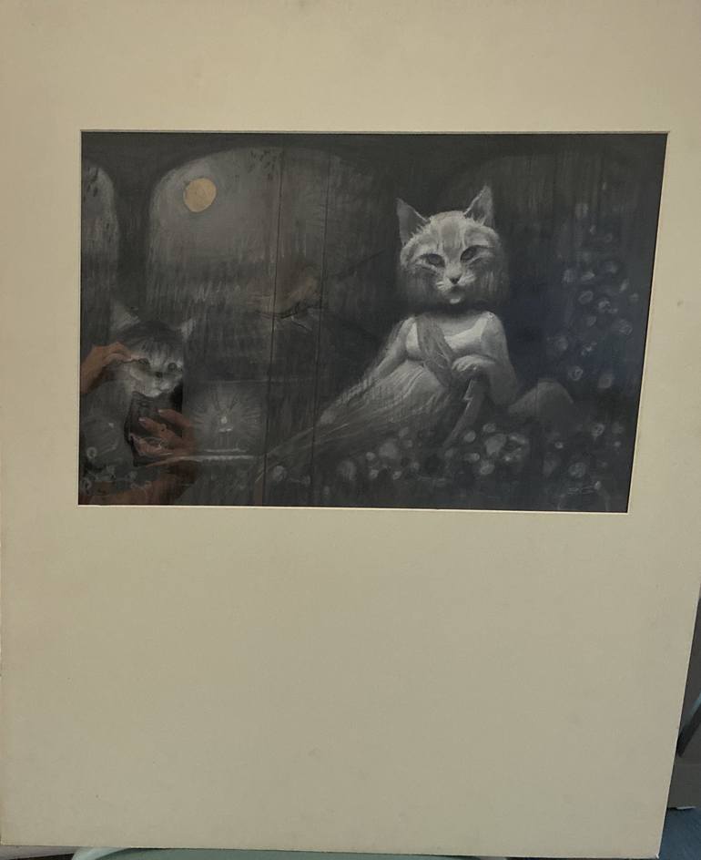 Original Surrealism Cats Drawing by Barbara Gardner