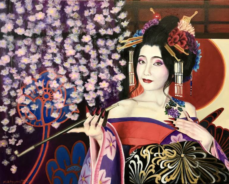 Oiran with Hookah Painting by Edi Matsumoto | Saatchi Art