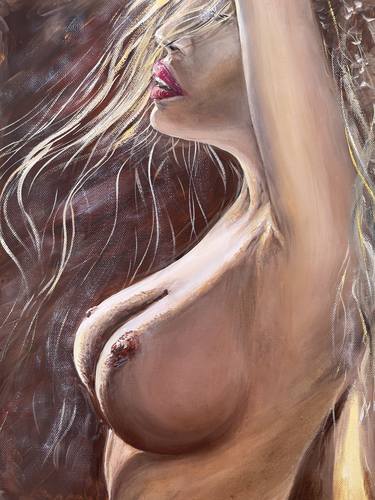 Oil painting on canvas, Nude Girl, Woman, Beautiful breasts, Bare breasts, Passion, Waiting for a kiss, Love me, Body, Beautiful body, Bold painting thumb