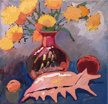 Painting. Still life with flowers and a seashell thumb