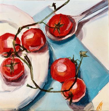 Still Life, Original Oil Painting, Home Wall Decor, Kitchen Art, Small Painting “Tomatoes on the Plate” thumb