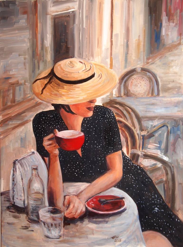 Original People Painting by Ellen Fasthuber-huemer | Impressionism Art on Canvas | At The Cafe, Spring