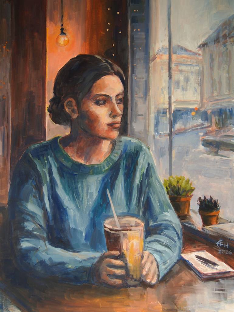Original People Painting by Ellen Fasthuber-huemer | Expressionism Art on Canvas | At The Cafe, Autumn Rain