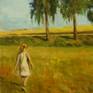 Little girl,walking through yellow grass on a sunny summerday .