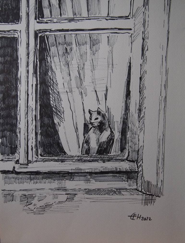 cat looking out window drawing
