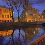 Cozy evening in the city oil painting blue cityscape by ELIZAVETA PUGACHEVA