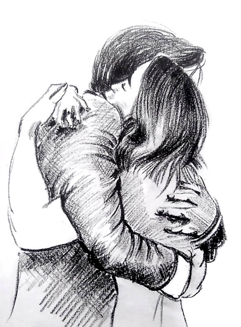 Girl hugging her boyfriend, full of romance and happiness, after a long  time. Drawing by Biplab Ghosh | Saatchi Art