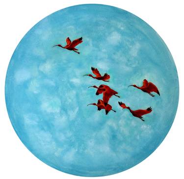 Round painting with flying red birds in the blue sky thumb