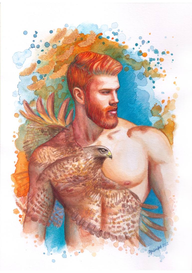 Print Ginger Man & Gay Predatory Bird Painting by Olga Lionart | Saatchi Art