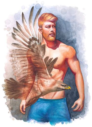 Muscular body portrait of a man with a beard, bird eagle thumb