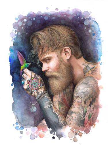 Portrait Man with beard and tattoos, hummingbird bird Watercolor thumb