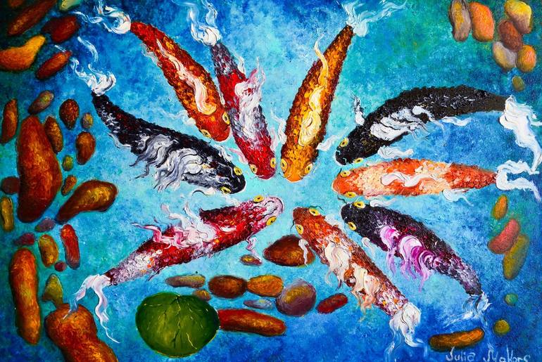 9 nine fish in the pond  KOI ORIGINAL oil painting wall art Details about   Koi FISH painting 