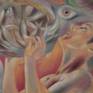 Artwork in contemporary figurative style where the scene is illuminated by the glare of guanine (silvery substance produced by fish between the scales or in other areas of the body). I was inspired by the fish market in Florence, where, losing myself in the deep of it, I felt I also knew other other uses, customs, idioms, perfumes, colours of the city and vocal inflections of the fishmongers.