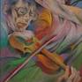 ArtWork in figurative expressionist style that represents a violinist in the foreground who is honoring his remembrance. He does so with the instrument that can make us cry for the strong emotions it evokes, whose vibrations are very close to those of the human voice and caressing the strings of the soul.