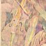 Drawing made with pencil and pastels on paper inspired by the glow of winter, on which will soon loom the evening surrounded by its cloak of darkness. The cold and penetrating oriental wind, in the slender soul of a ray of sun, freezes words and music dissipated in the breath.