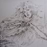 Ink drawing on cardboard inspired by a homeless man asleep with his "traveling companion", a small dog. Immersed in his dream world, a fairy-like entity appears to him in a dream and seems to be watching over him