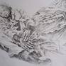 Ink drawing on cardboard inspired by a homeless man asleep with his "traveling companion", a small dog. Immersed in his dream world, a fairy-like entity appears to him in a dream and seems to be watching over him