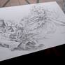 Ink drawing on cardboard inspired by a homeless man asleep with his "traveling companion", a small dog. Immersed in his dream world, a fairy-like entity appears to him in a dream and seems to be watching over him