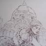Ink drawing on cardboard where I imagined my self-portrait in an unusual pose: as if dominated by the boundless architectural harmony of the Duomo of Florence which, overlooking the square of the same name, seems to give the seal of a magical and solemn frame to the scene.