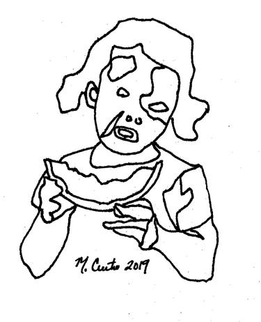 Girl Eating Watermelon Line Drawing thumb